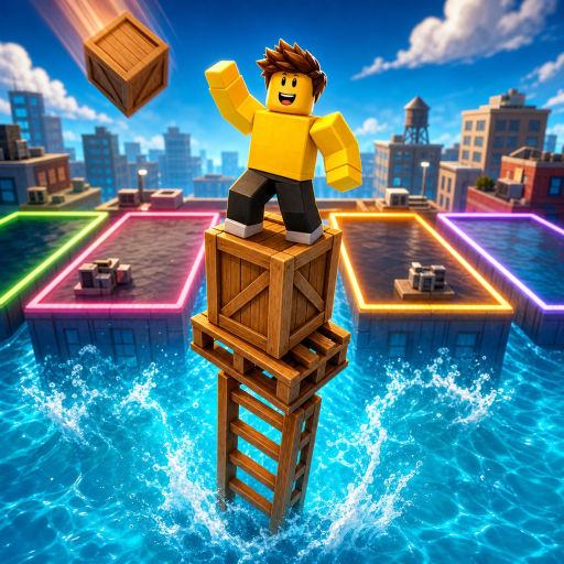 Stack or Sink Roblox game artwork showing a character stacking crates above the water